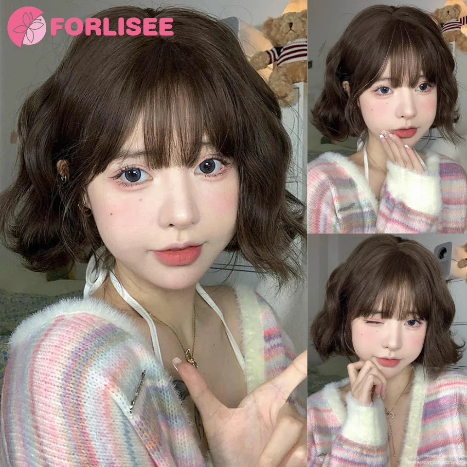 FORLISEE Cold Brown Short Curly Bob Synthetic Wigs with Bangs Lolita Cosplay Wigs for Women Daily Party Cosplay Heat Resistant