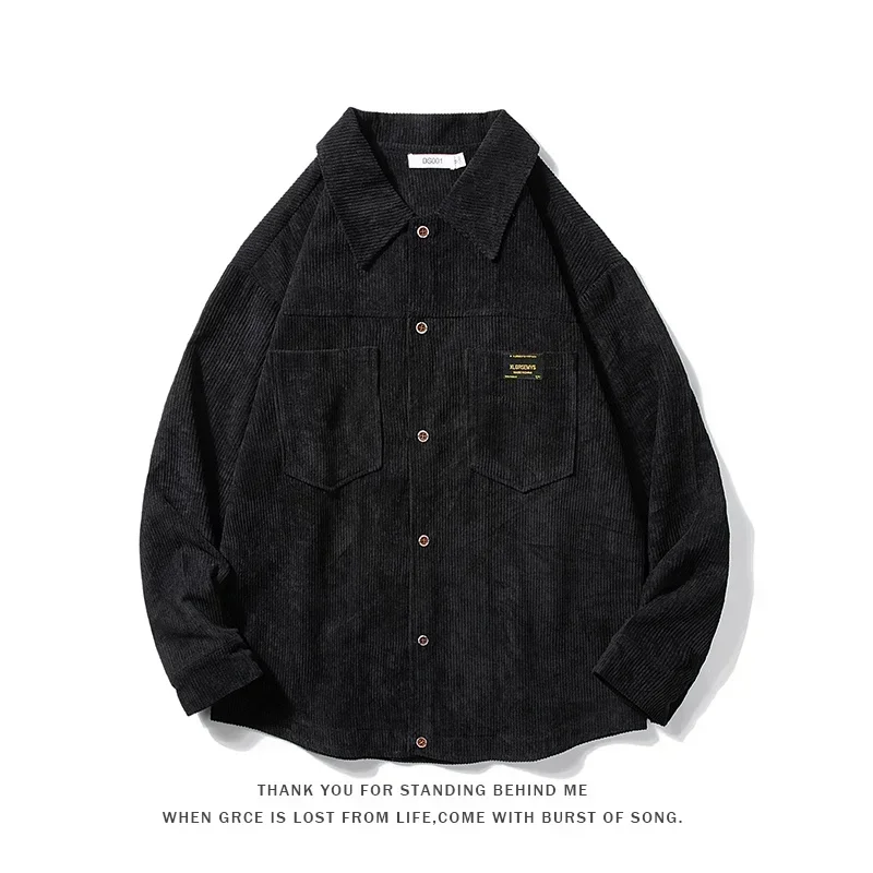 

2025 New Men's Corduroy Long Sleeve Shirts Casual Y2K Vintage Cargo Shirt Spring Streetwear Appliques Loose Blouses Clothes