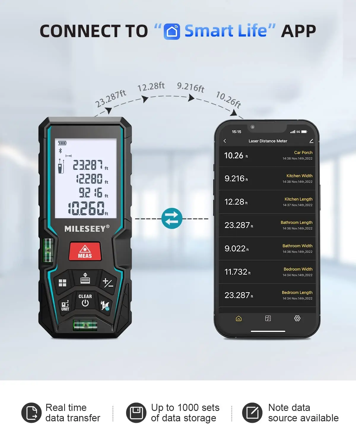 Mileseey D5T Laser Rangefinders with Bluetooth, Distance Meter with 2 Spirit Level Bubbles, Laser Tape Measure ±2mm Accuracy