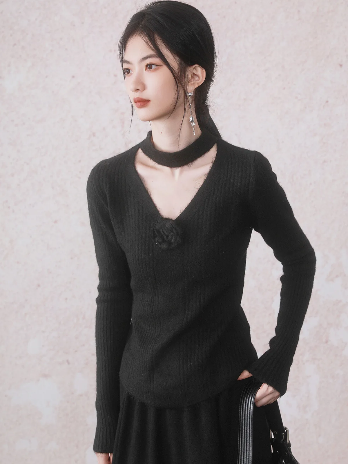 

INGKO Bla Flower Knitted Nelace Set B4D37TZ Women's Polyester Fiber Long Sve Winter Faion Single Piece Ensemble