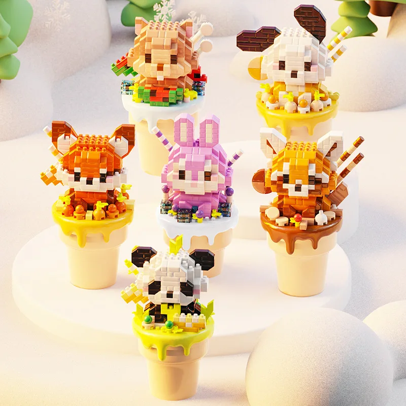 Cartoon Ice Cream Figures Micro Diamond Block Animals Nanobrick Panda Fox Hamster Dog Northern Raccoon Rabbit Building Brick Toy