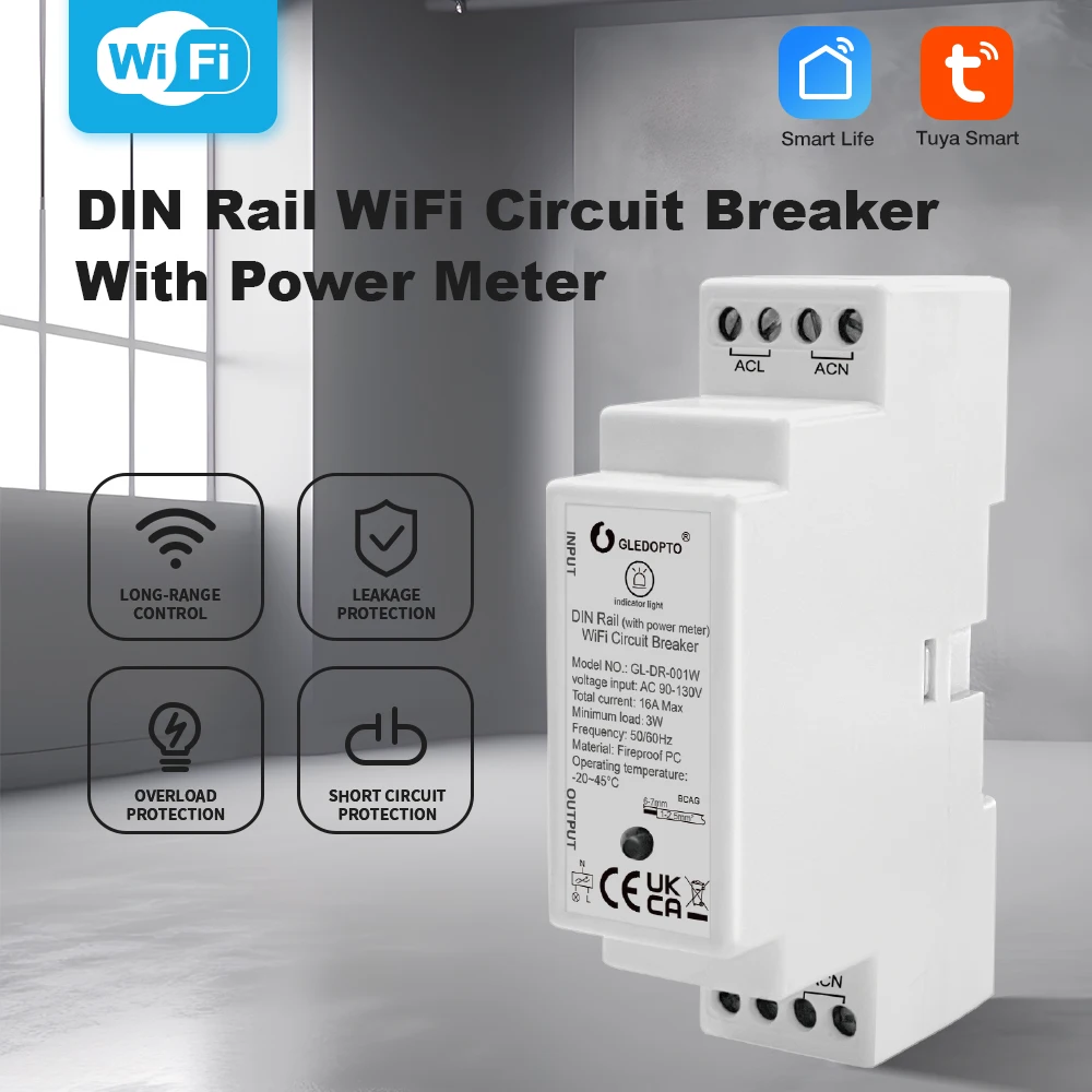 WiFi Gledopto Din Rail Circuit Breaker Power Meter Energy Monitor Tuya Smart Life App Control Power Display Overcharge Protect