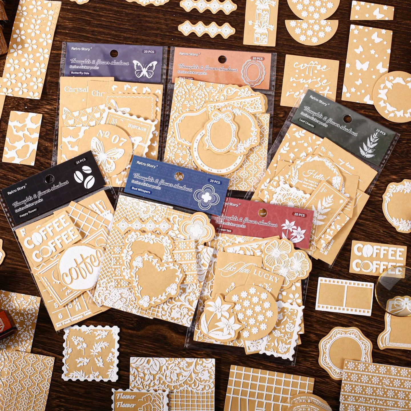 Vintage Kraft‑Paper Dimensional Sticker Set, Writable Floral Shadow Paper Decals for Scrapbooking & Journal DIY Embellishment