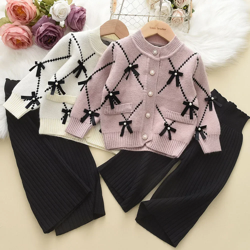 Girls\' Autumn and Winter New Collection 2-6 Year Old Pearl Bow Open Top+Pants Two Piece Set Children\'s Fashion Sweater