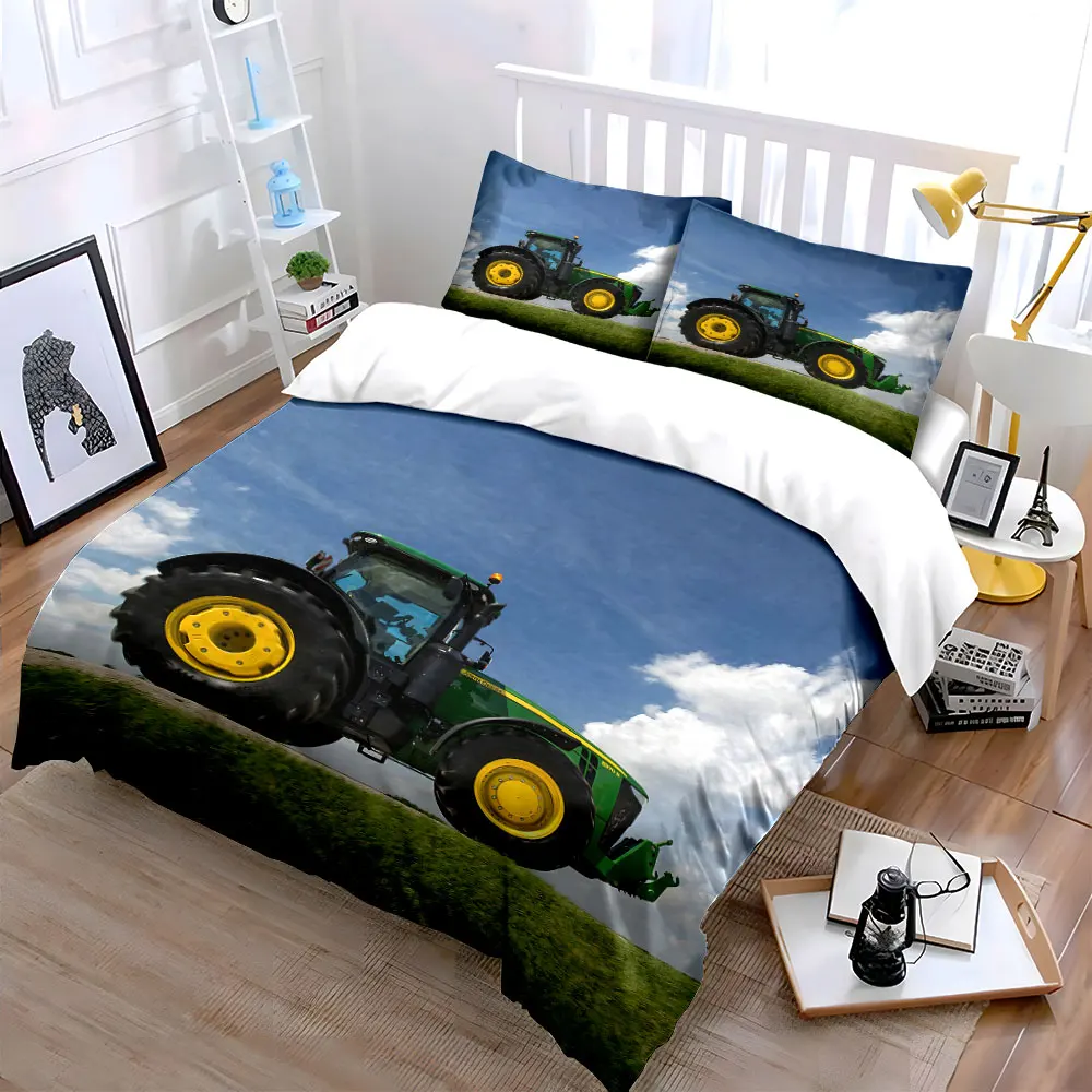 Large green tractor in field Bedding Set for Kids Luxury Gift 3pcs Digital Print Comforter Set Soft Comfortable Breathable
