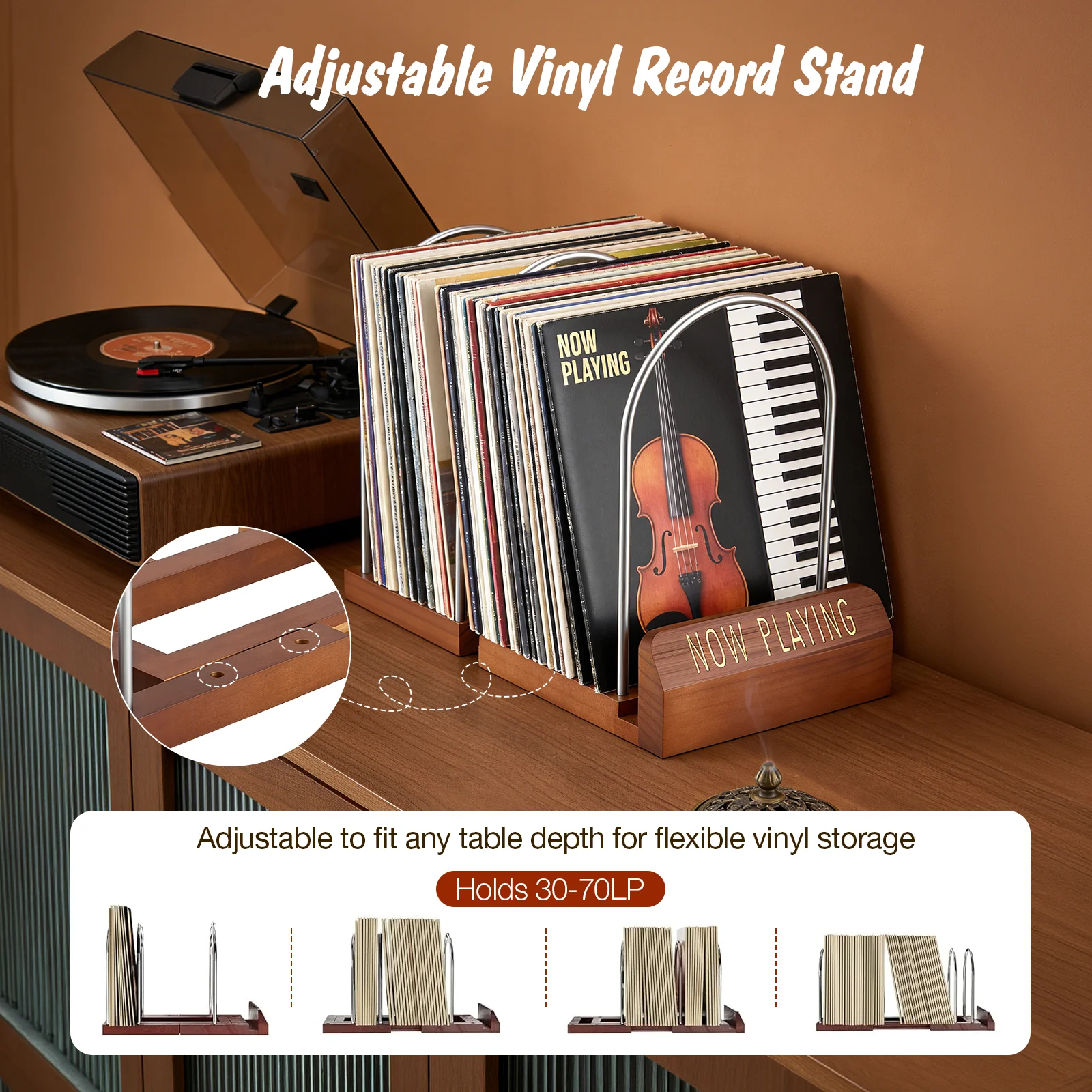 Soporte para guardar discos de vinilo, estante expandible para 30-70 discos LP, expositor para álbumes, soporte de madera y metal resistente para decorar el hogar y para los amantes de la música.