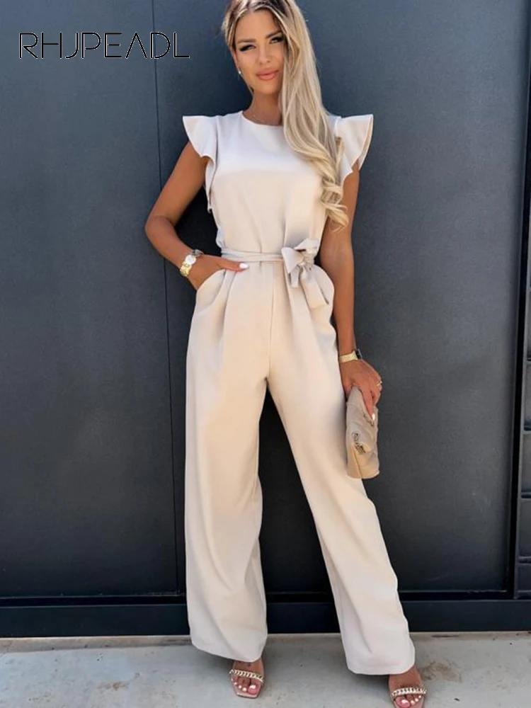 Summer Women\'s Jumpsuits Casual O-neck Ruffles Belt Office Lady Wide Leg Playsuits 2023 Elegant Solid Overalls Woman Jumpsuit