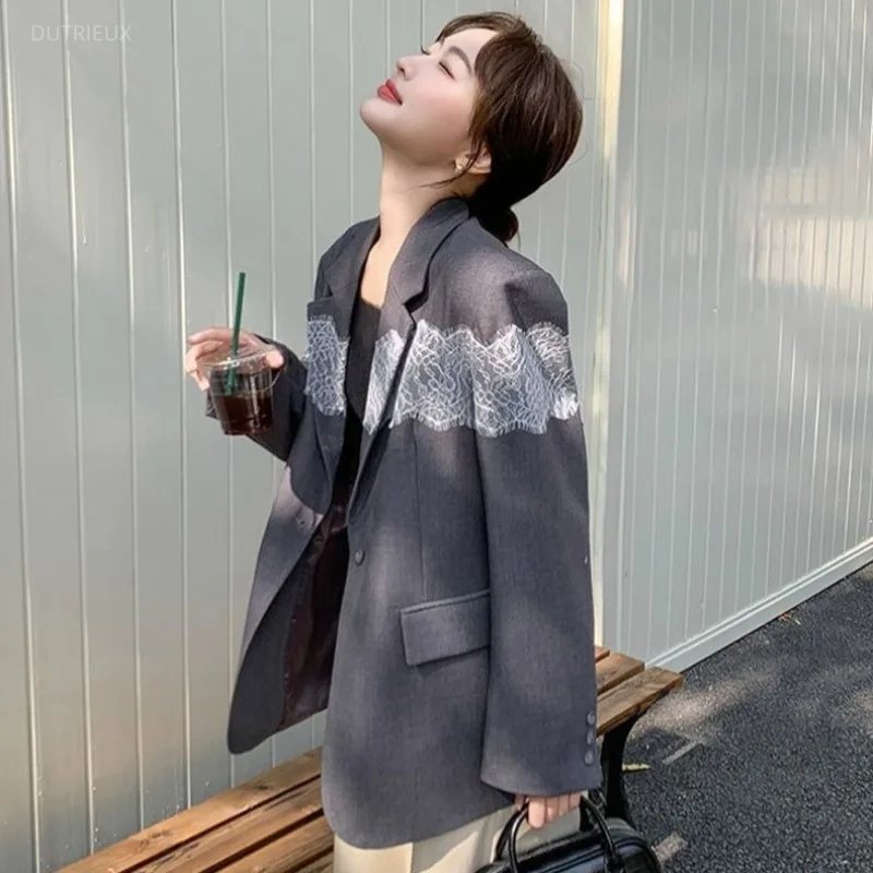 Lace Patchwork Blazer Mujer Korean Fashion Loose Vintage Women Blazers Versatile Elegant Sweet Chaqueta Mujer