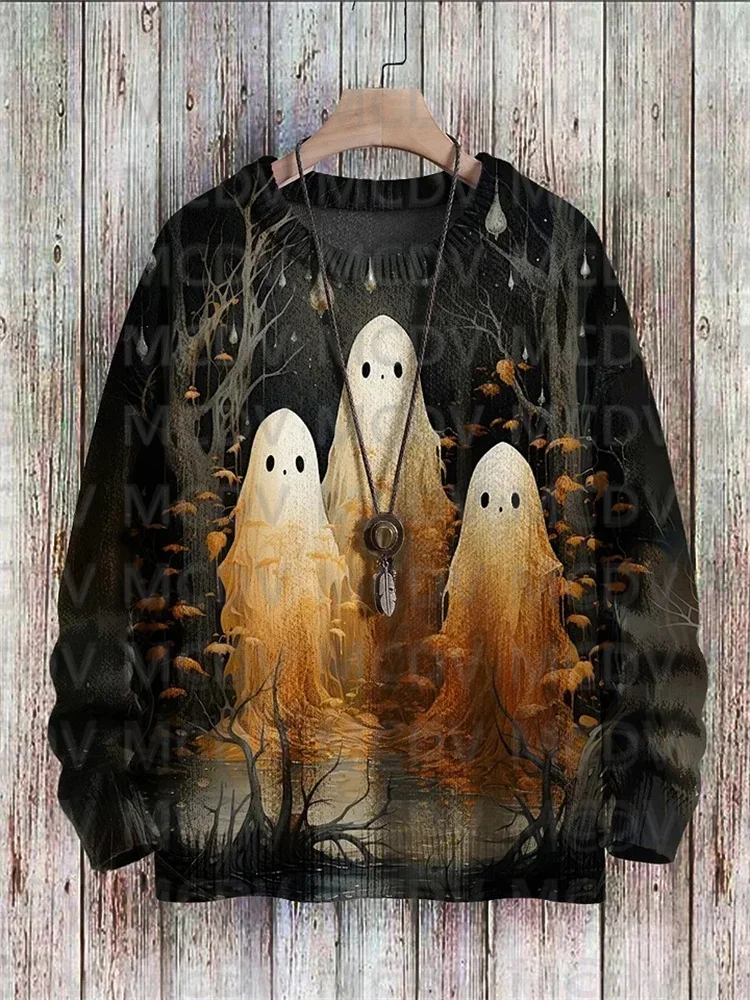 Halloween Ghost Vintage Art Vibe Print Sweater Men\'s For Women\'s Pullover