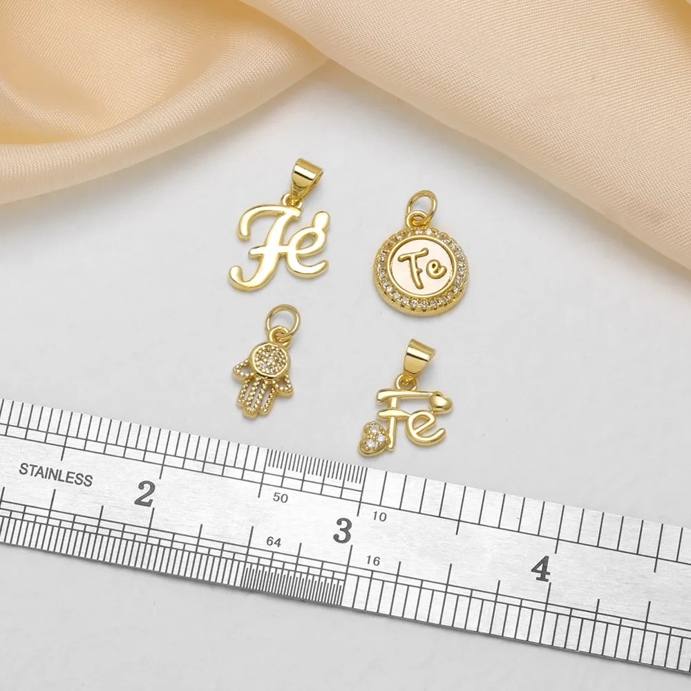 OCESRIO White Crystal Spanish Portuguese Fe Letter Pendant Copper Gold Plated Hamsa Hand Charms for Jewelry Making DIY chma648