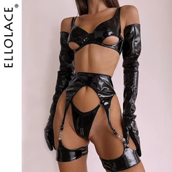 Ellolace 페티쉬 PVC 란제리, 시시 컵 아웃 브라, PU 가죽, 관능적인 속옷, 무검열 라텍스 푸시 업, 가터 포함 이국적인 의상