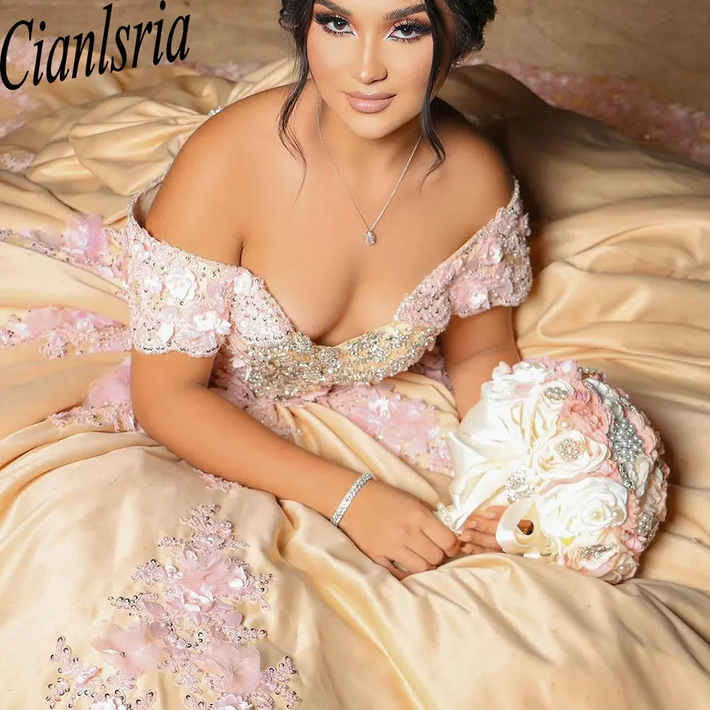 Champagne Off The Shoulder Beading Ball Gown Quinceanera Dresses With Pink Appliques Lace Corset Vestidos De 15 Años