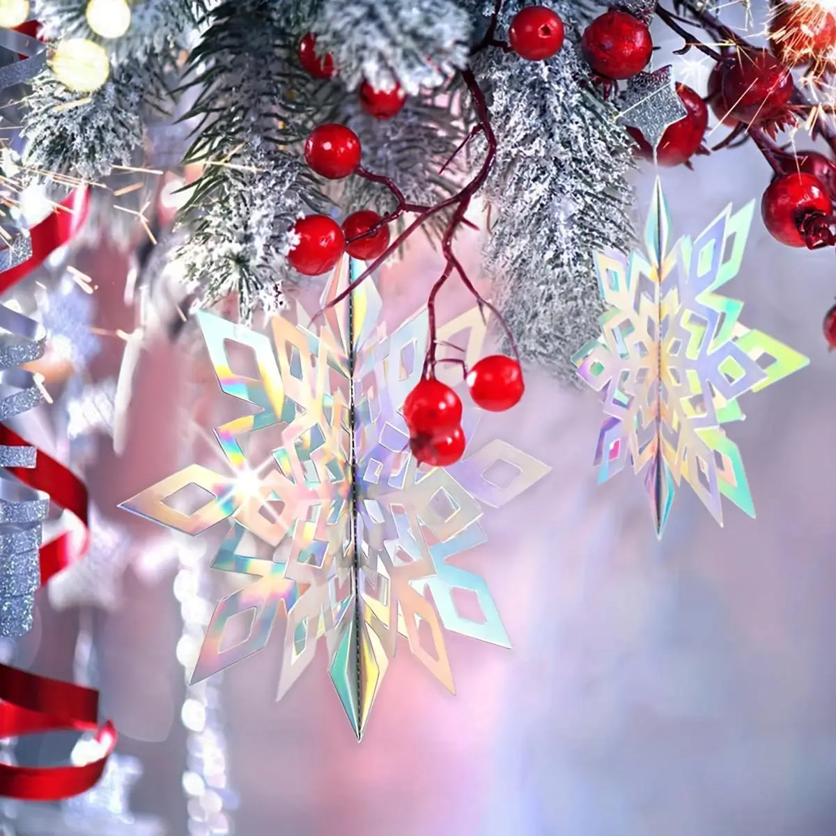 6/12/18pcs Iridescent 3D Paper Snowflake Garland Christmas decorations Winter Wonderland Frozen Themed Party Hanging Decorations view 3