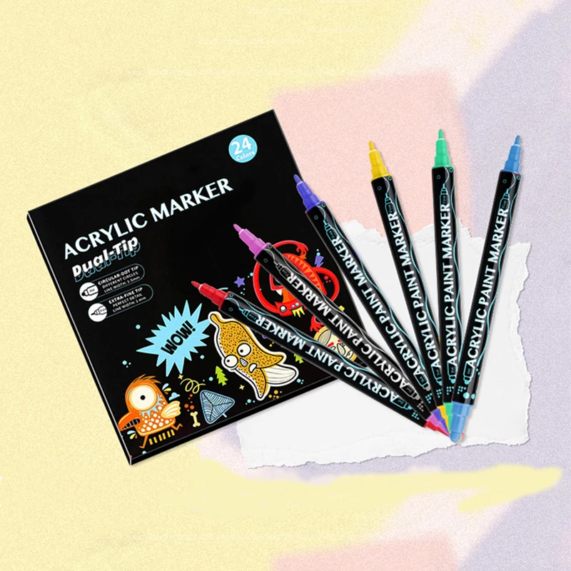 

Набор акриловых двусторонних маркеров с профессиональными пигментными чернилами на водной основе, нераствовающимися водой, сильными способностями окрашивания.