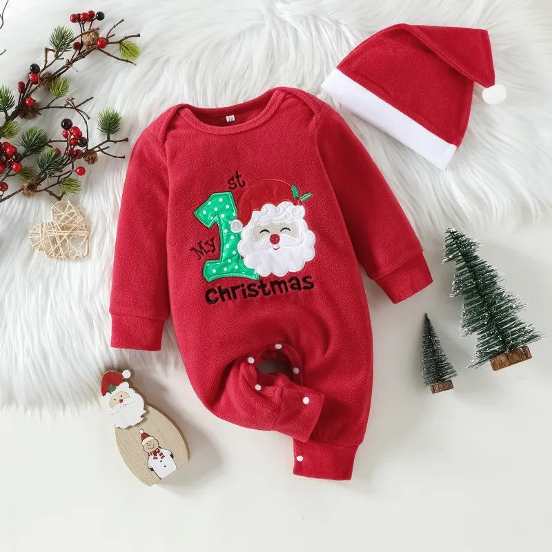 Christmas Baby Clothing Cozy Polar Fleece Romper in Festive Red Kids Long Sleeve Christmas Party Santa Bodysuit with A Free Hat