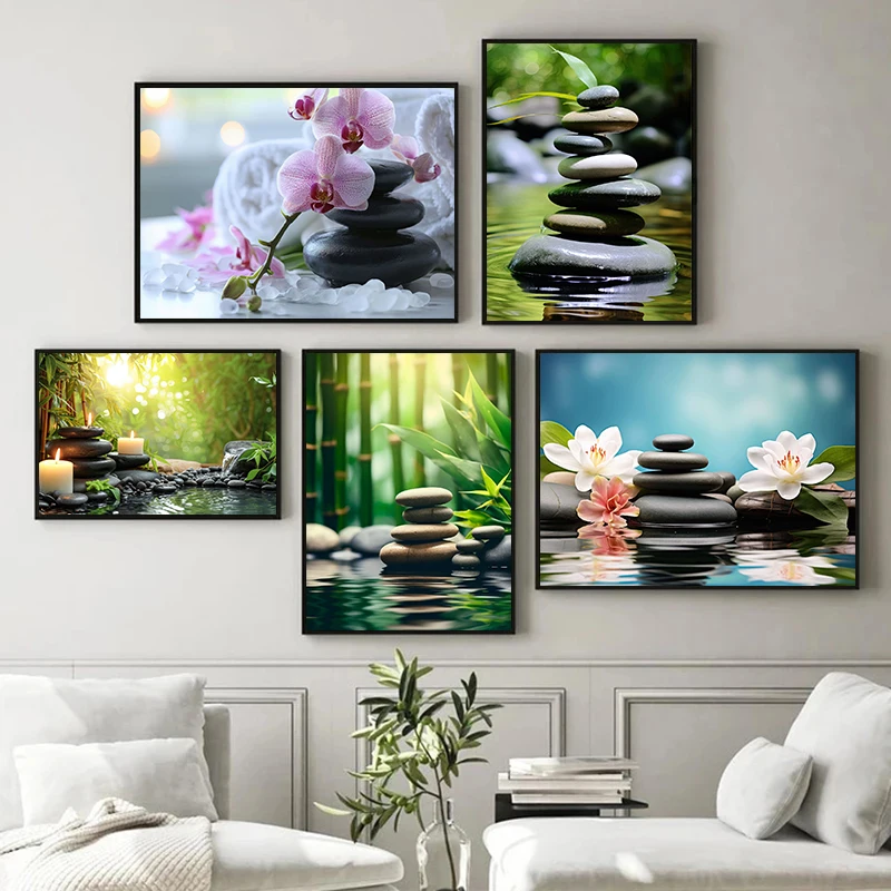 ZEN Poster Stone Bamboo Water Drops Green Leaf Still Life Meditation Wall Art Pictures Canvas Printing Bedroom Home Decor Gifts