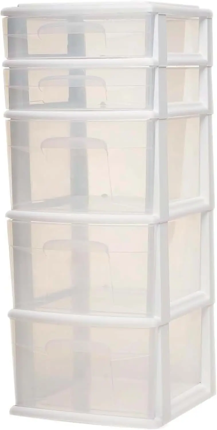 Conteneur de stockage en plastique transparent 5MELMedium Home Organization, Tour avec 3 grands wers de proximité et 2 petites wers de proximité, cadre blanc, lot de 2