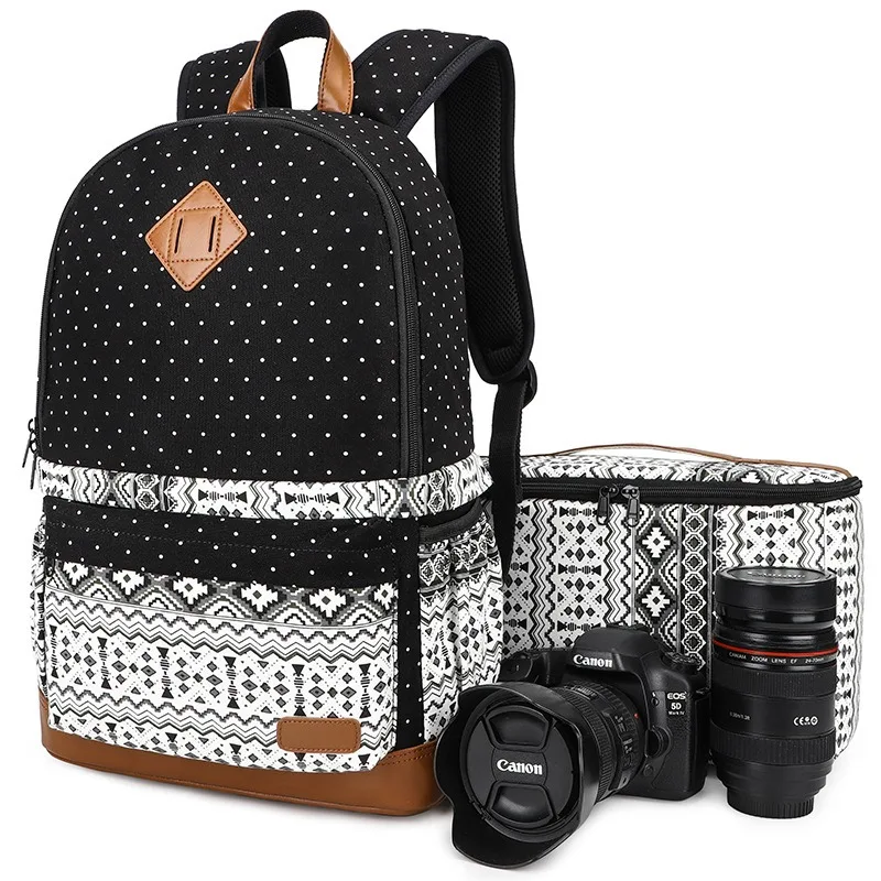 Canvas waterproof camera bag backpack for middle school students, casual and durable printed design photography bag
