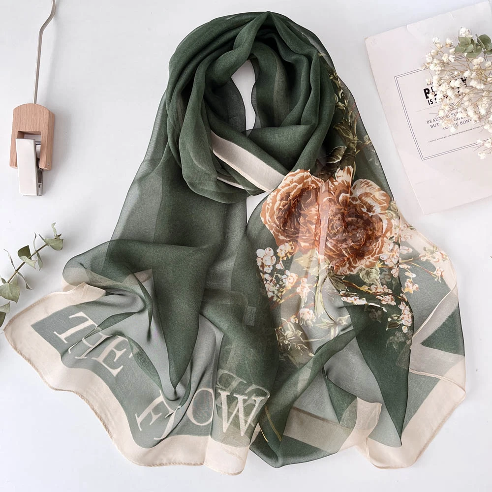 Georgette-Bandana de gasa con estampado de flores para mujer, pañuelo elegante de color verde, protector solar para playa, chal de viaje fino para