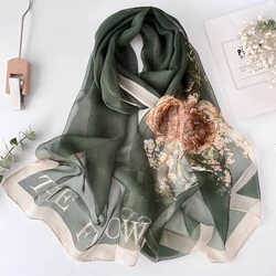 New Design Green Women Elegant Flower Print Chiffon Georgette Bandana Scarf Summer Beach Sunscreen Thin Travel Shawl