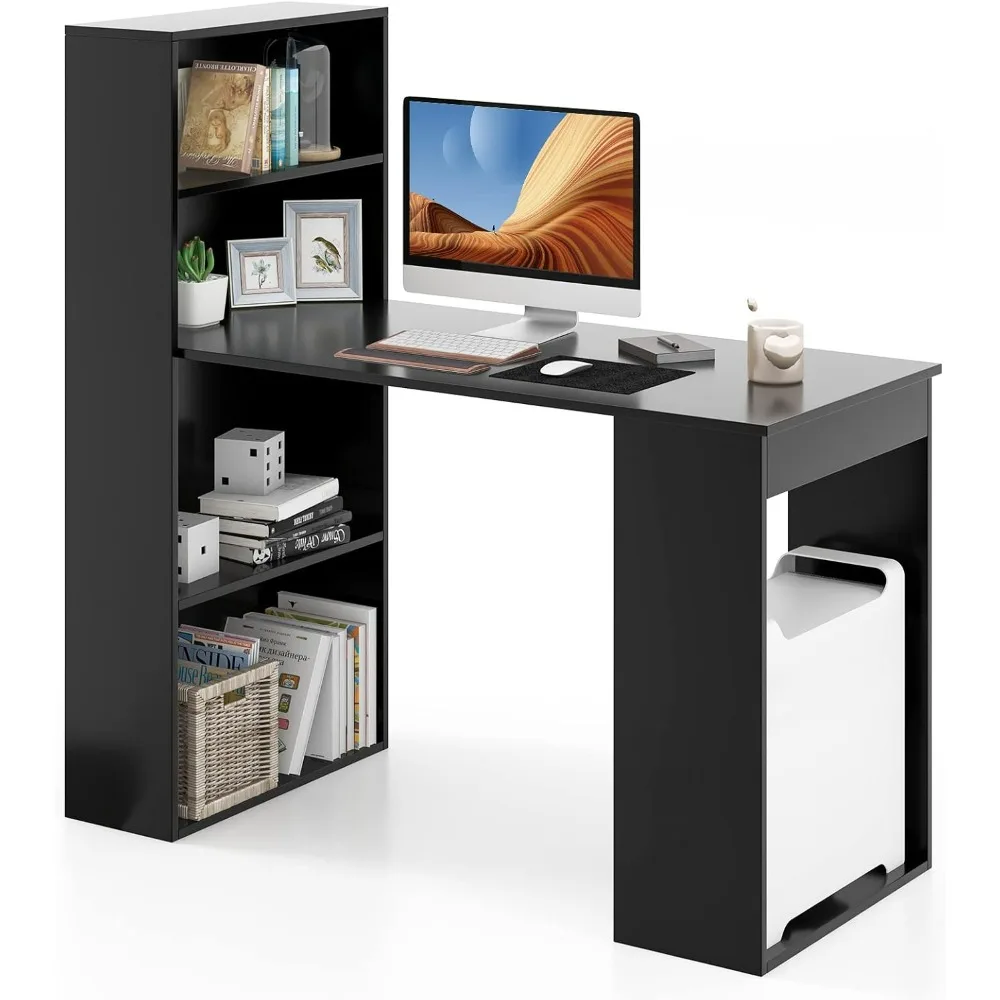 

48 Inch Computer Desk with Bookshelf, Reversible Study Writing Desk with Storage Shelves & CPU Stand, Compact Office Desks