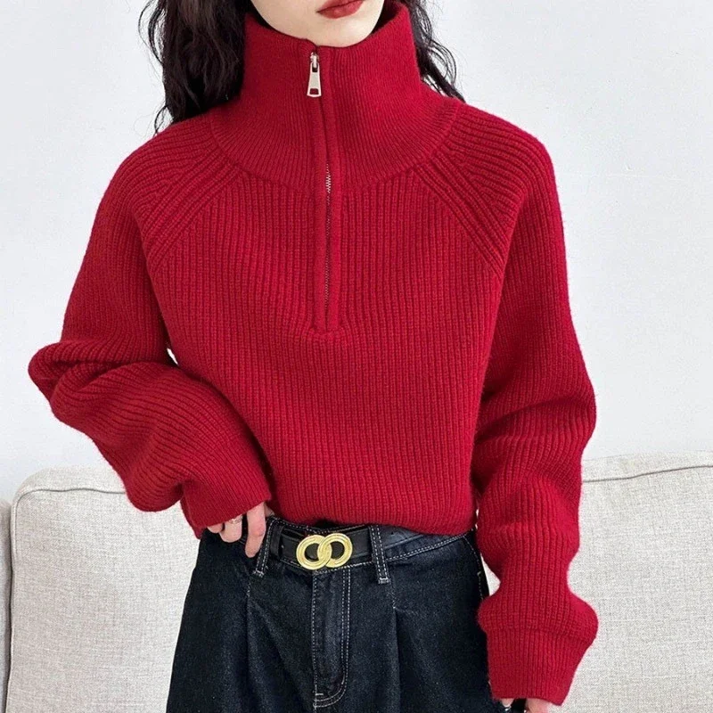 Korea Fashion Solid Color Pullovers Women Spring Autumn 2024 Turtleneck Women Zipper Sweaters Female Turndown Collar