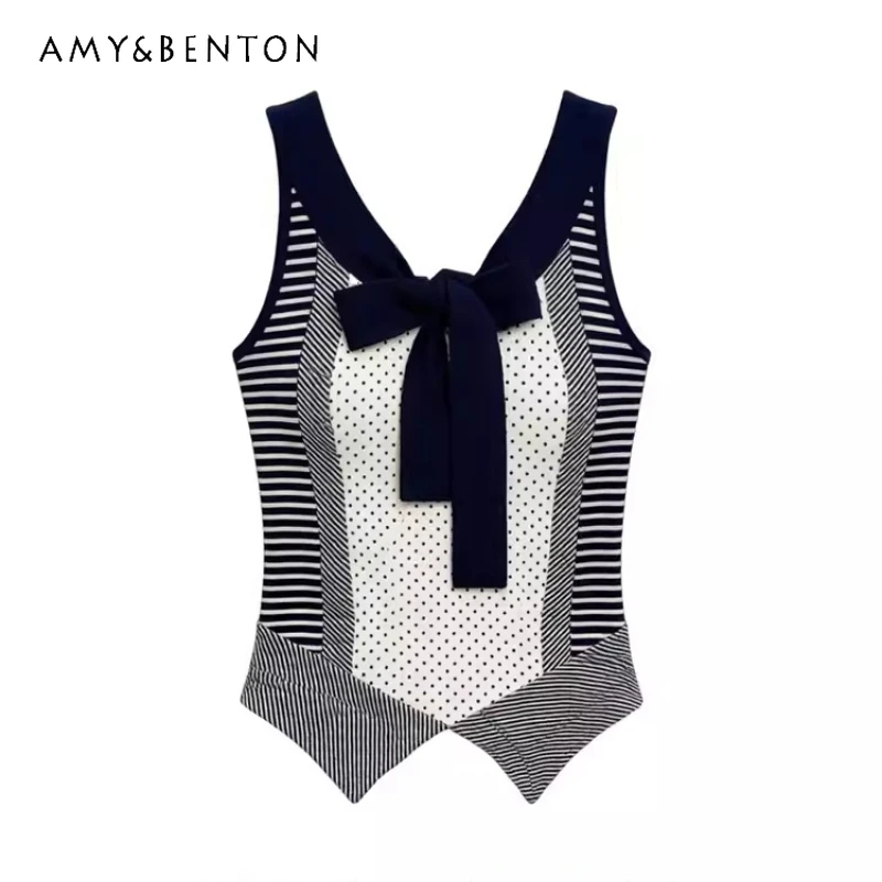 

Original Design Navy Blue Polka Dot Lace-up Striped Knitted Women's Vest 2026 New Wear Irregular Slimming Bow Short Top Ladies