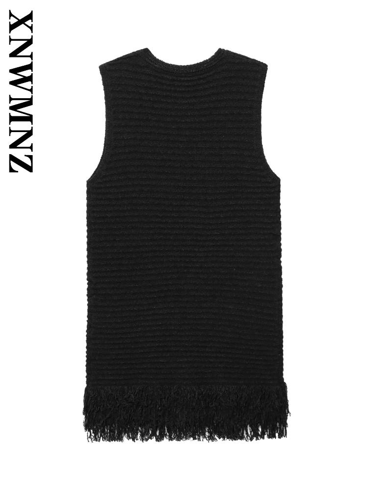 XNWMNZ 2025, Sommer Neue Dame Chic Einfache Ärmellose O-Kragen Strickkleid Pendeln Frau Schwarz Kleider Casual Quaste mini