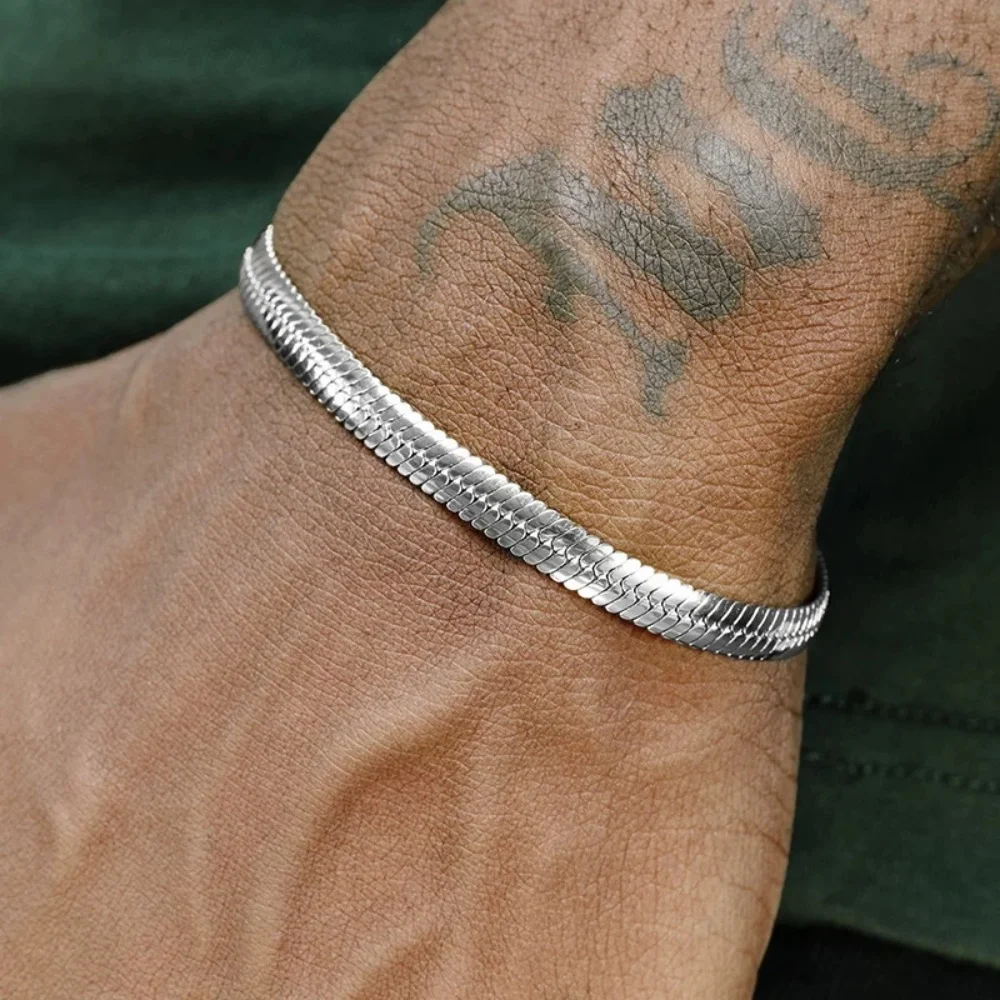 

4mm Silver 925 sterling silver Flat Chain Bracelet Simple Bracelet For Men Retro Jewelry Trendy Accessories Women Bracelet