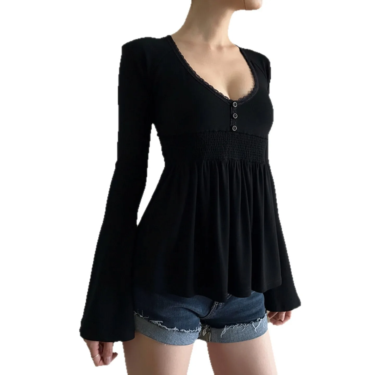 Women Knitting Sweater 2025 New French Chic Blouse Lace Paneled Low Neck Bell Sleeve Waist Cinching A Line Top image 5