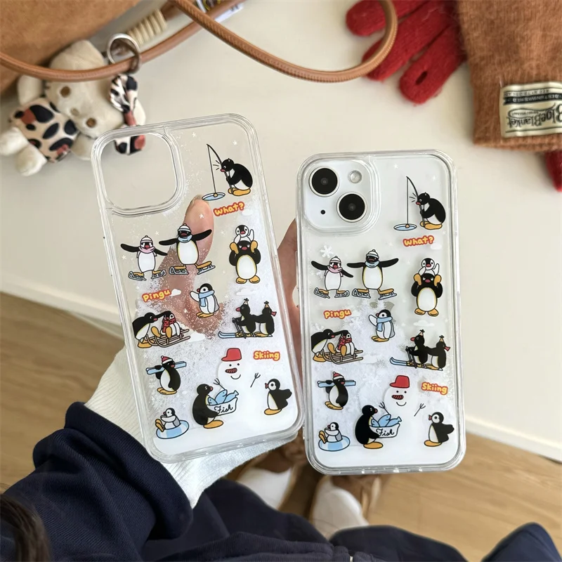 Coque de téléphone de luxe avec illustration de dessin animé, coque de téléphone à paillettes, bonhomme de neige, sable mouvant liquide, mignon, PenEcolHat, iPhone 13 14 15 16 Pro Max