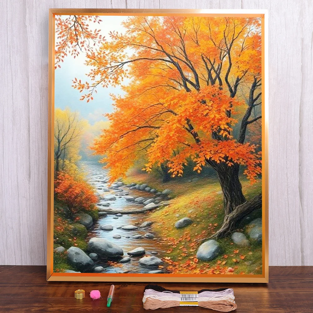 

Landscape Autumn River Printed Canvas 11CT Cross Stitch Embroidery Set Handmade Hobby Painting Craft Room Decor Home Sales