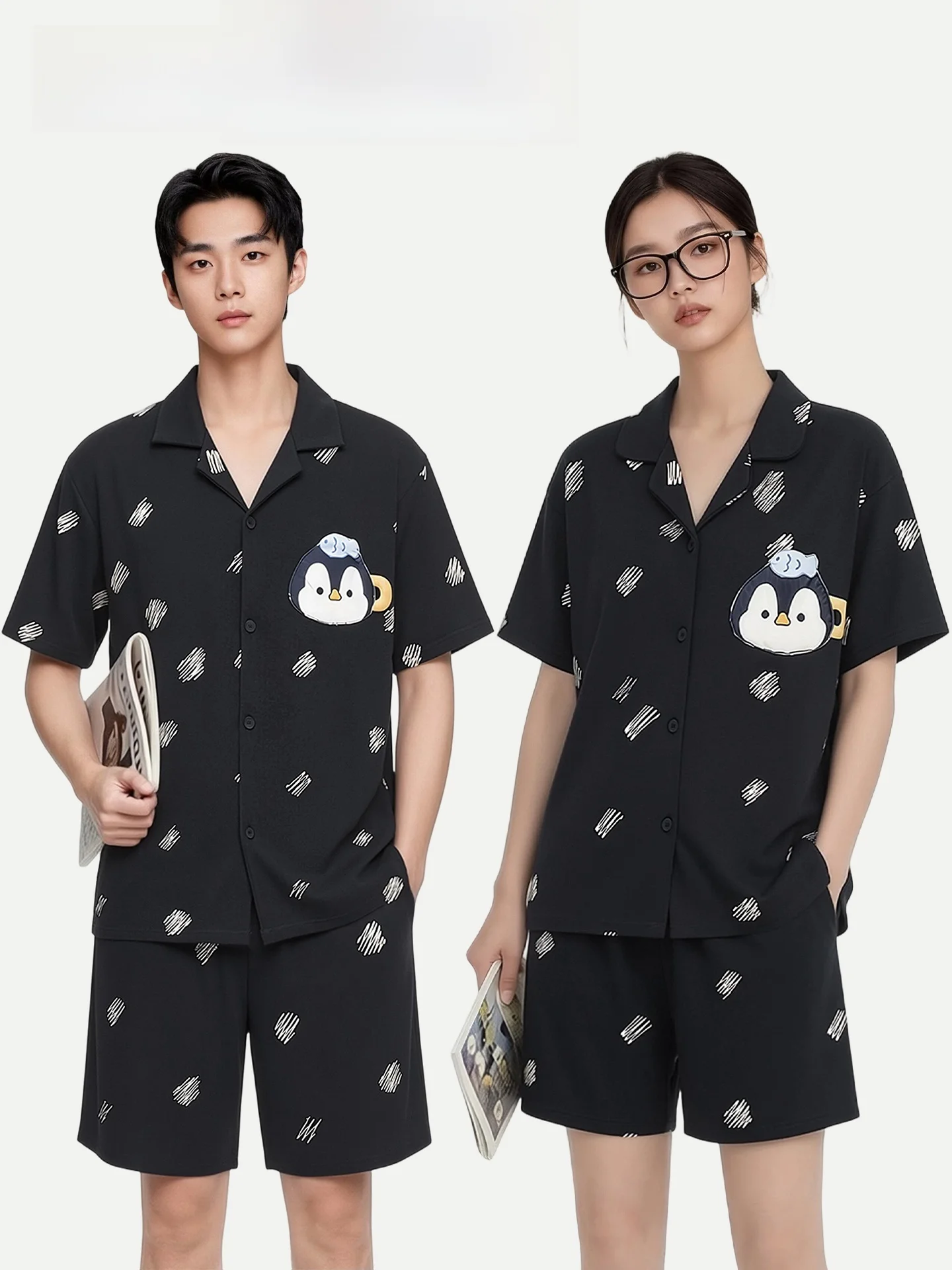 

Летние хлопковые пижамы PinkBread для пар, женские, с коротким рукавом, черные, домашняя одежда, удобные, мягкие, влагоотводящие