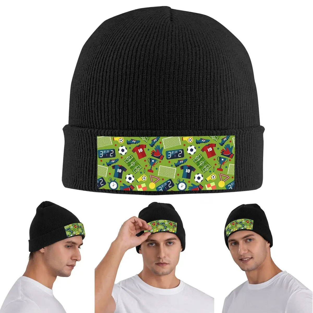 Soccer Football Element Sport Pattern Warm Knitted Cap Winter Knit Bonnet Hat Skullies Beanies Hip Hop Caps for Unisex