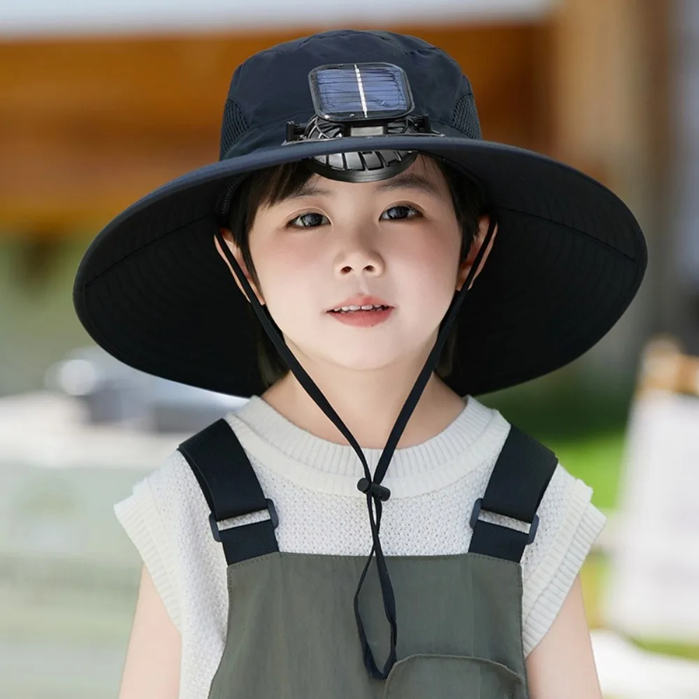 

Casual Solar/USB Charging Sun Hat with Cooling Fan Breathable Outdoor Sunshade Hat Wide Brim Anti-UV Kids Fisherman Hat