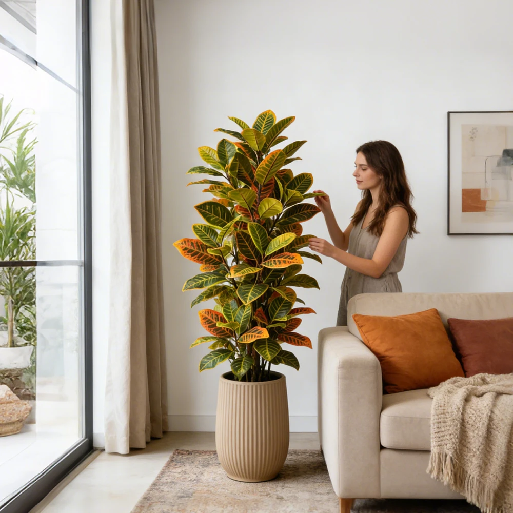 58/115cm Künstliche Pflanzen, künstlicher Ficus-Baum, große Banyan-Baumblätter aus Kunststoff, realistische tropische Croton-Blätter für Haus- und Gartendekoration – Detail 3
