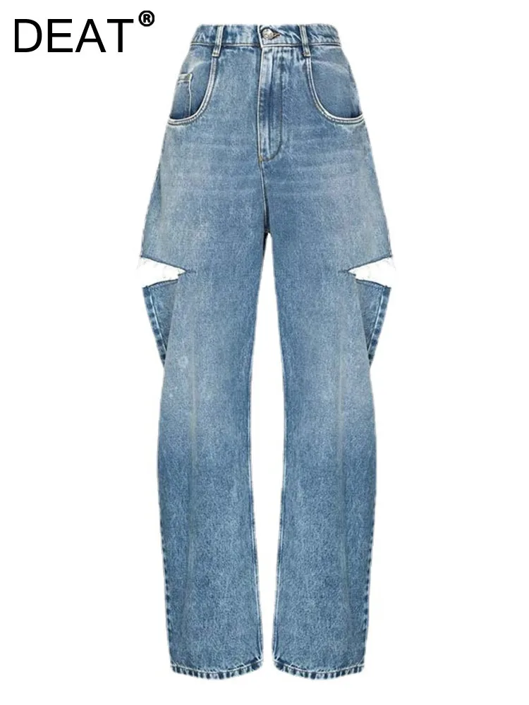 DEAT Mode Dames Losse Hoge Taille Wijde Pijpen Denim Broek Hol Blauwe Lange Rechte Jeans Herfst 2024 Nieuwe Mode L2901H