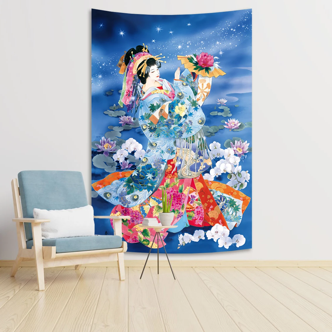 Japan Hanging Tapestries Young Geisha In Kimono With Sakura Traditional Oriental Costume Background Cloth Home Decor