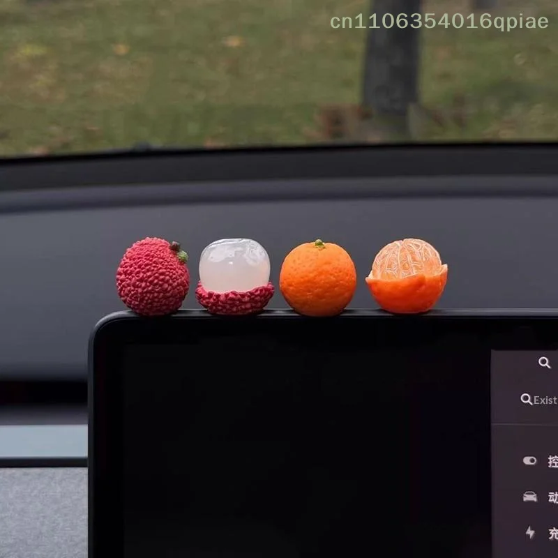 （Summer4）4Pcs Creative Cartoon Orange Lychee Car Ornament Healing Series Center Console Display Screen Decoration