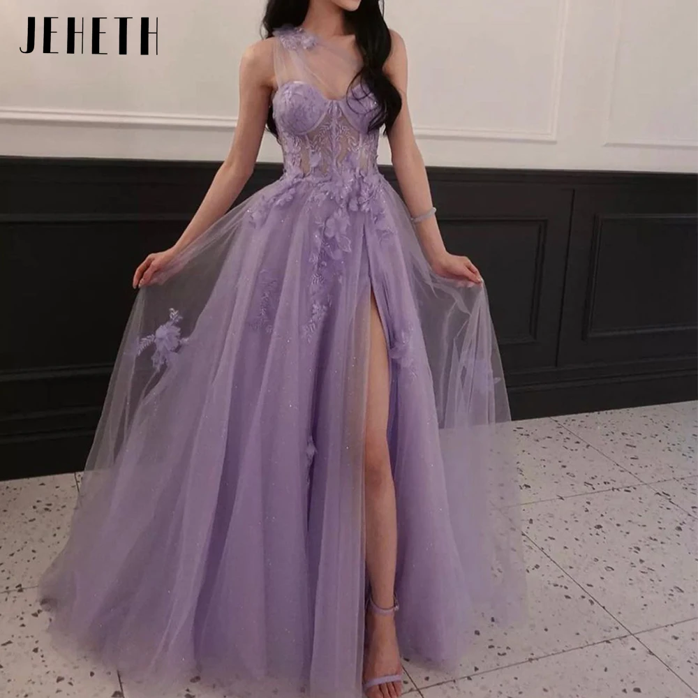 JEHETH Lilac One Shoulder Celebrity Prom Dresses Split Long 2024 Flower Graduation School 3D Flower Tulle Evening Party Gown