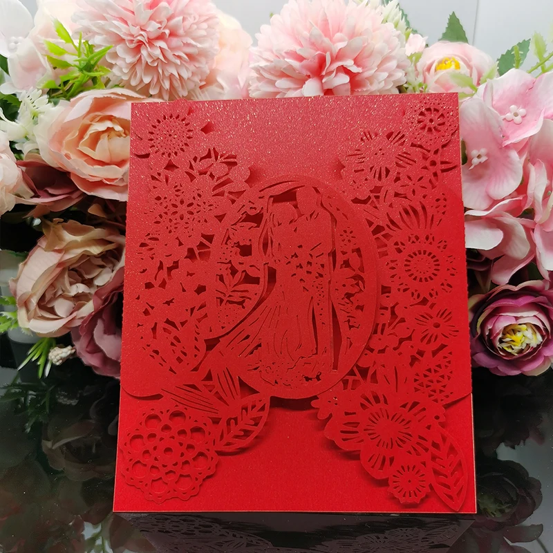 25pcs Bride & Groom Wedding Invitations Card Flowers Invitation Pocket Envelopes Cards Mariage Anniversary Party Supplies Favors