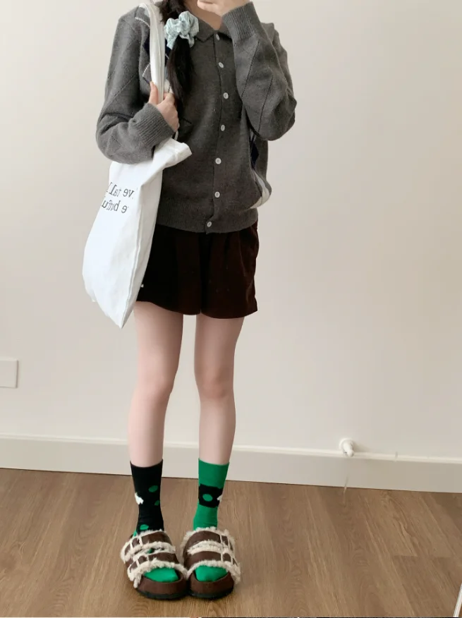 Handmade Green Noseam Women Socks Fall Winter Polka Dot Mismatched Slouch Contrast Color Mid Calf Cute Fashion Hosiery For Girls