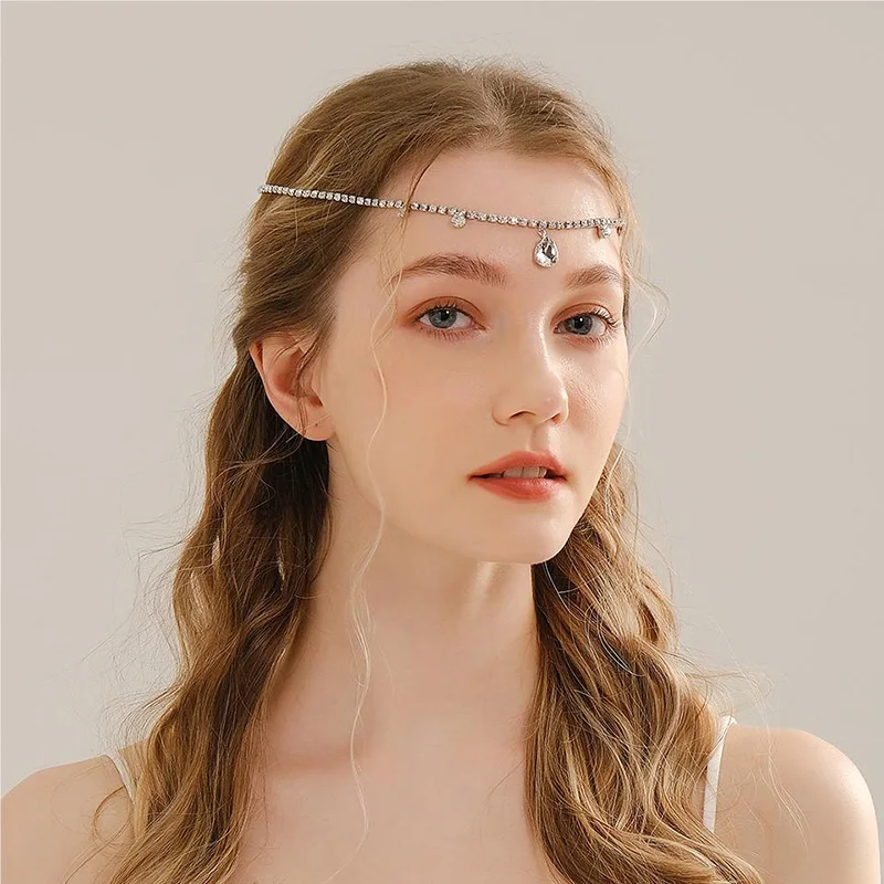 Boho Simple Bridal Headpiece Elegant Women Hair Accessories Bridal Headband Crystal Hairchain Crystal Forehead Chain