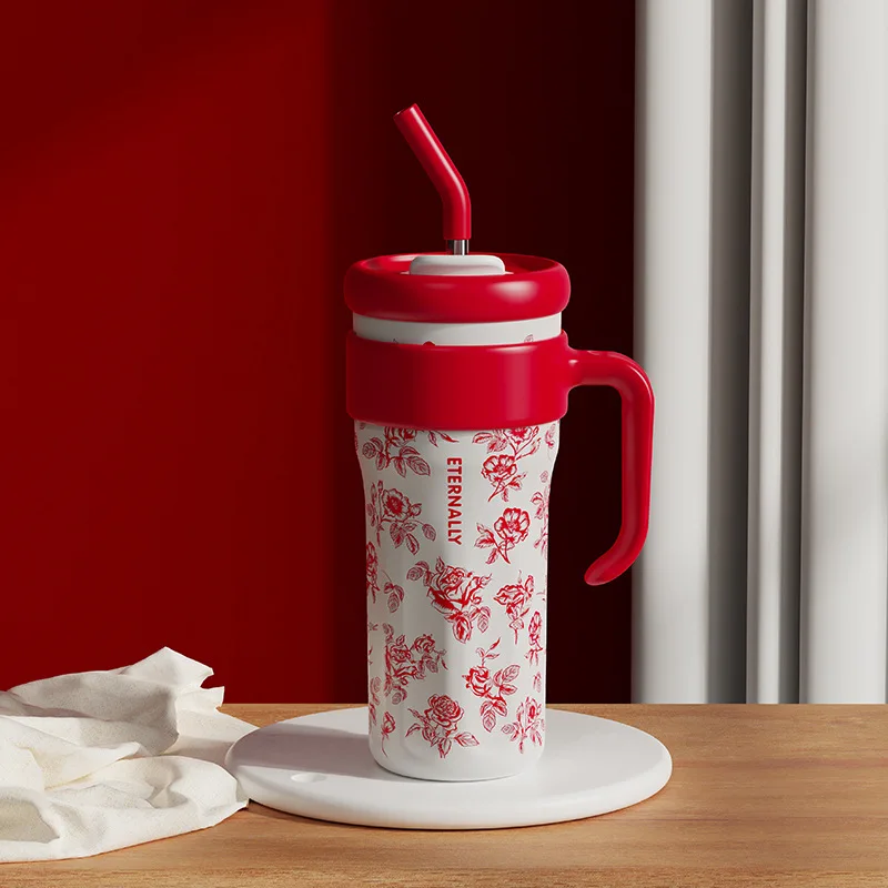 

insulated cup 1250mL large capacity handle insulated cup with straw, stainless steel inner bottle, floral pattern insulated cup