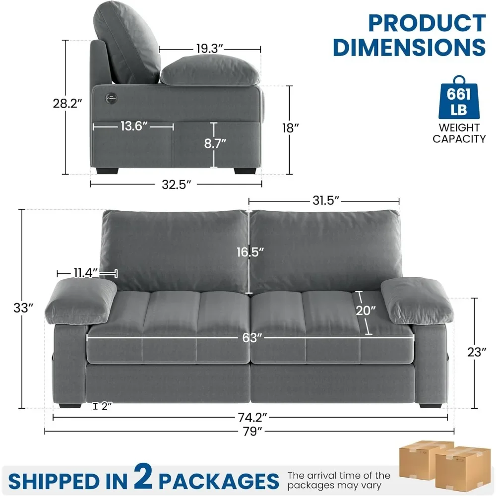 79Sofa Couch Modern Velvet Couch with Removable Covers &USB Ports Oversized Loveseat Sofas with Storage Pockets