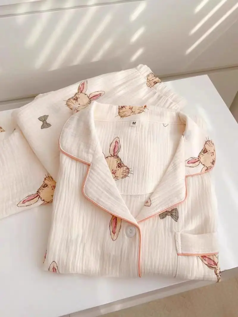 

Cute Rabbit Pure Cotton Spwear Women's Long Sve Thin Home Clothes Student Two-Piece Set Sweet Cute Sle Printed Design