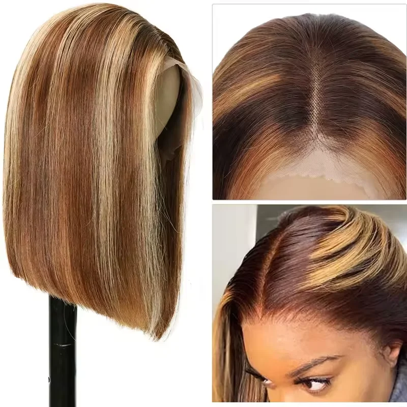 4/27 Highlight Bob Wigs Straight Lace Front Wig Human Hair Ombre Frontal Bob Wig Human Hair gluelss wear to go Ombre Brown Wig 1