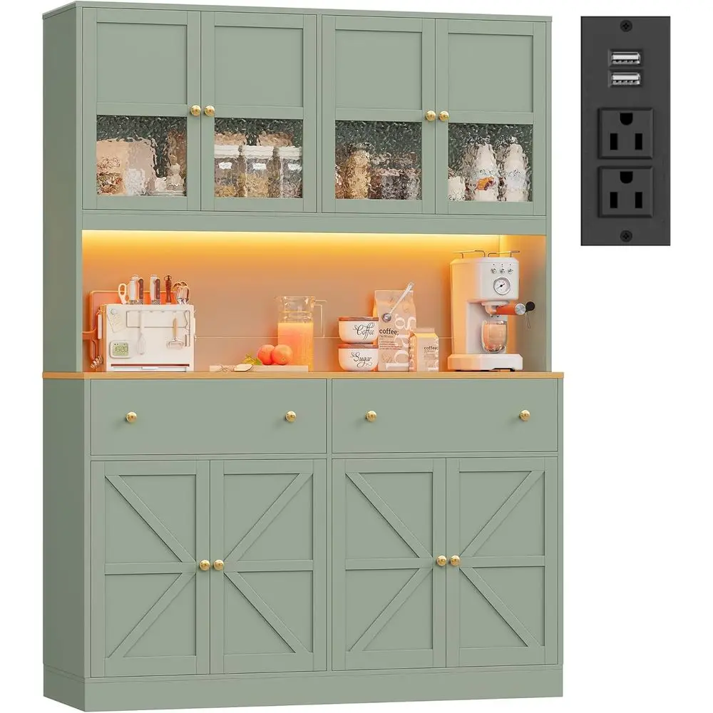 

Кухонный шкаф-буфет с LED-подсветкой и зарядной станцией, 71 Armhouse, для хранения на кухне с местом для микроволновки, 47.2, зеленое дерево