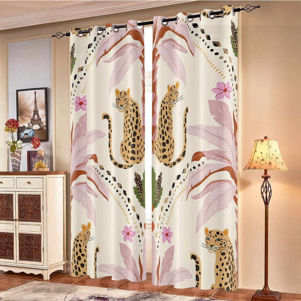 2 Stück Verdunkelungsvorhänge mit rosa Blumen- und Leopardenmuster, verschiedene Größen, für Wohnzimmer, Schlafzimmer, Isolierung, Urlaubsdekoration, einfache Installation
