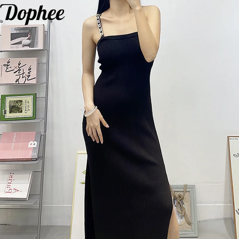 Dophee 2024 New Summer Elegant Lady Slimming Maxi Dress Sexy Split Metal Chain Strap Ultra Long High Stretch Basic Knitted Dress